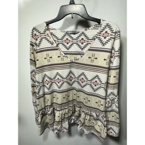 Simply Southern Peplum Hem Boho Aztec Tunic With Long Layered Sleeves Size L